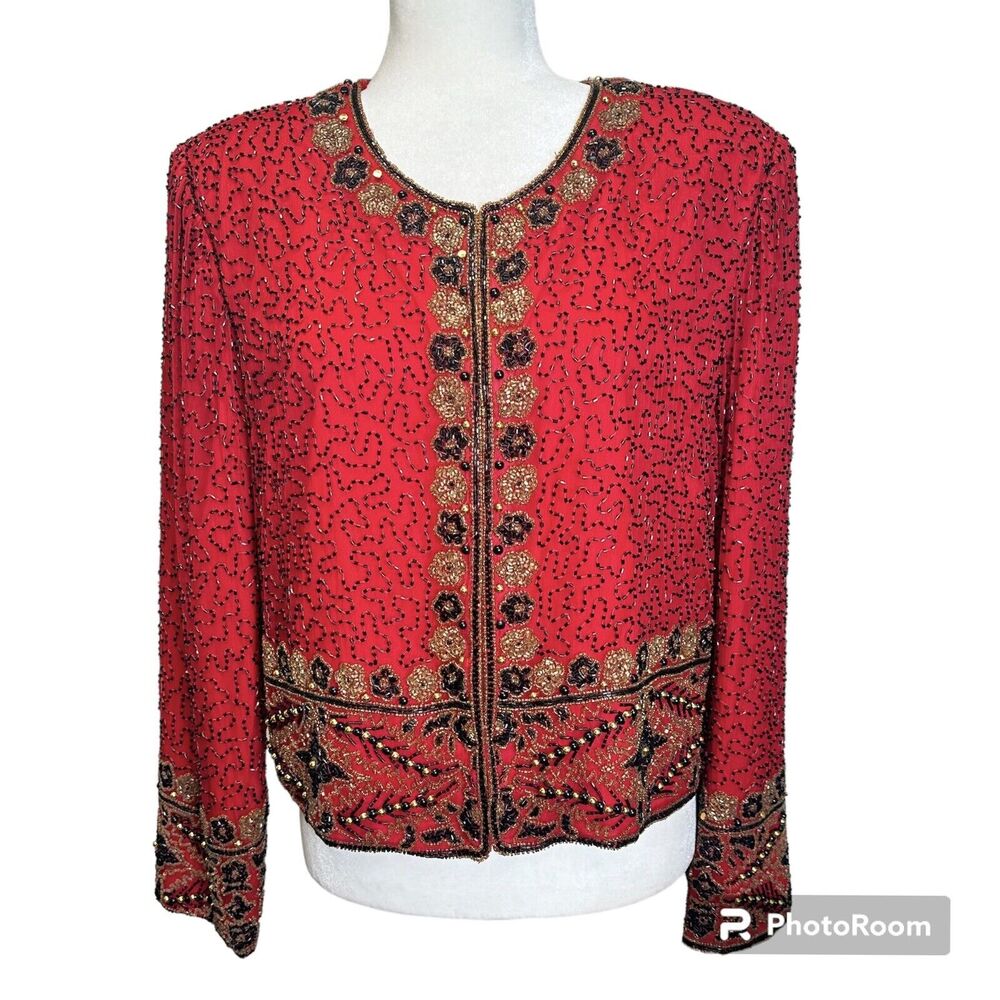 Lawrence Kazar New York Vintage Heavy Beaded‎ Blazer Jacket 100% Silk XL Formal